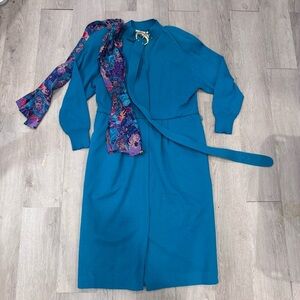Caio Ltd Hong Kong 100% Wool Vintage Knee Length Long Sleeve Dress W/belt Sz 12